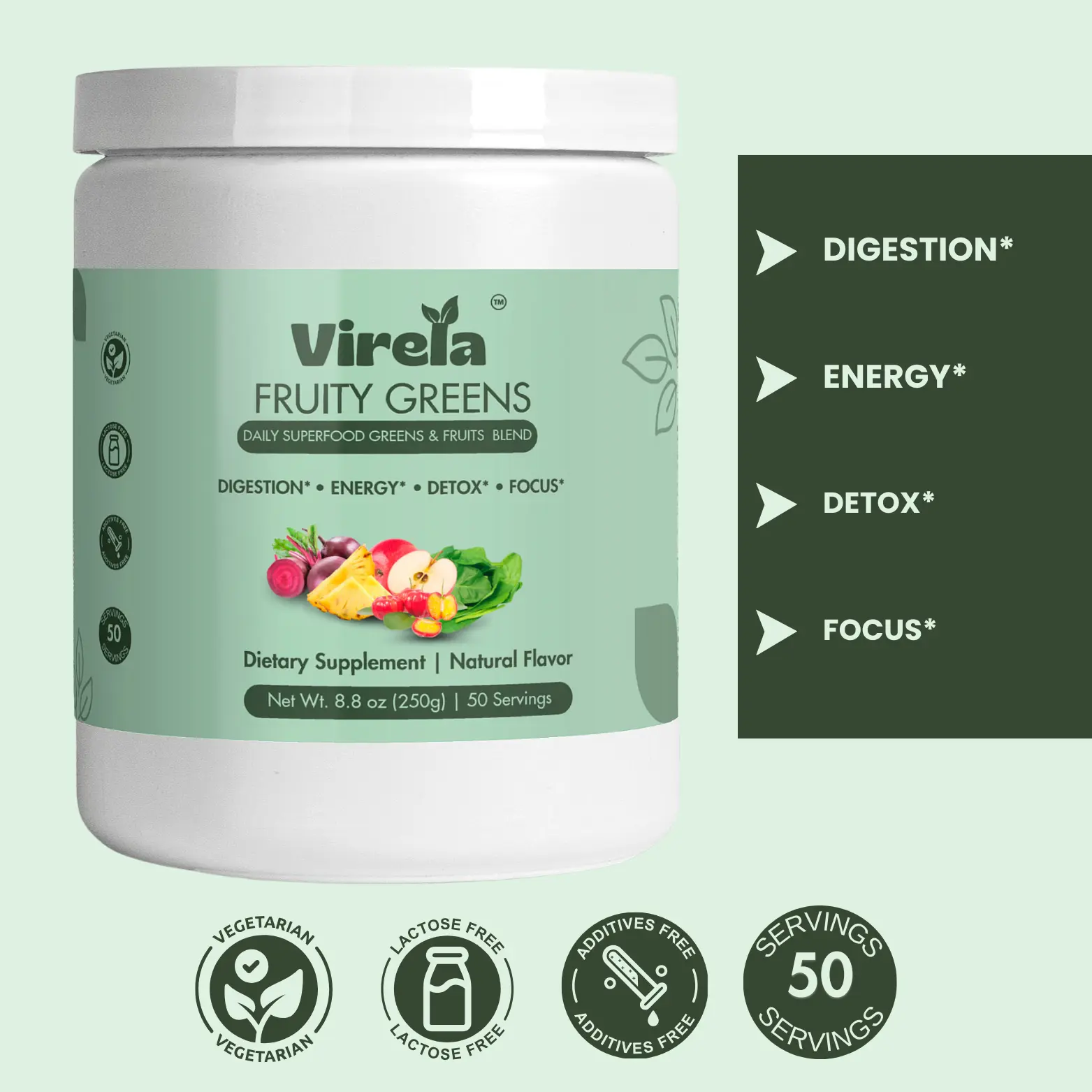 Fruity Greens - Daily Superfood Green Blend For Digestion, Energy & Full Body DETOX. Dietary Supplement 50 Servings