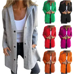 Casual Single Breasted Hooded Jacket Women lightweight Flannel Long Fall Jackets Dressy Trench Coat