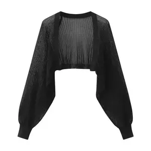 French Ice Silk Knitted Sun-Proof Cardigan Top Women's Summer Thin Jacket Waistcoat Suspender Skirt Shawl Outer Match Blouse Fit Clothes Black Sleeve