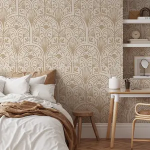 Boho Art Deco Wallpaper, Peel and Stick, Mould-Proof, Vintage Fan Pattern, Renter-Friendly, Neutral Home Decor, Living Room