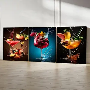 3 Count Wooden Frame Canvas, Splashing Fruit Cocktail Poster, Fantasy Decorations, Modern Art, Valentine'S Day, Christmas And New Year Gift, Home, Room Mural, Office, For Living Room, Bedroom Wall Decor, HD, 8K, Odorless