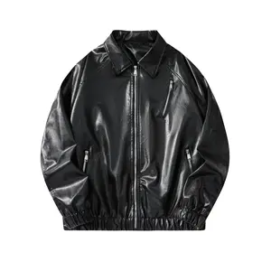 Men's Multi-zippered Multi-pocket Leather Jacket Outdoor Motorcycle Coat Machine Washable Comfortable Fabric Black Long Sleeve