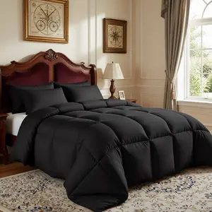 Black Down Comforter | All Season Cozy Bedding | Box Stitched Quilt for Bedroom Decor covers duvet blanket puffed All-Season Luxury Queen plush  comfortable size insert scandinavian sleep method coverless marshmellow Luxurious Goose Feather bed set king