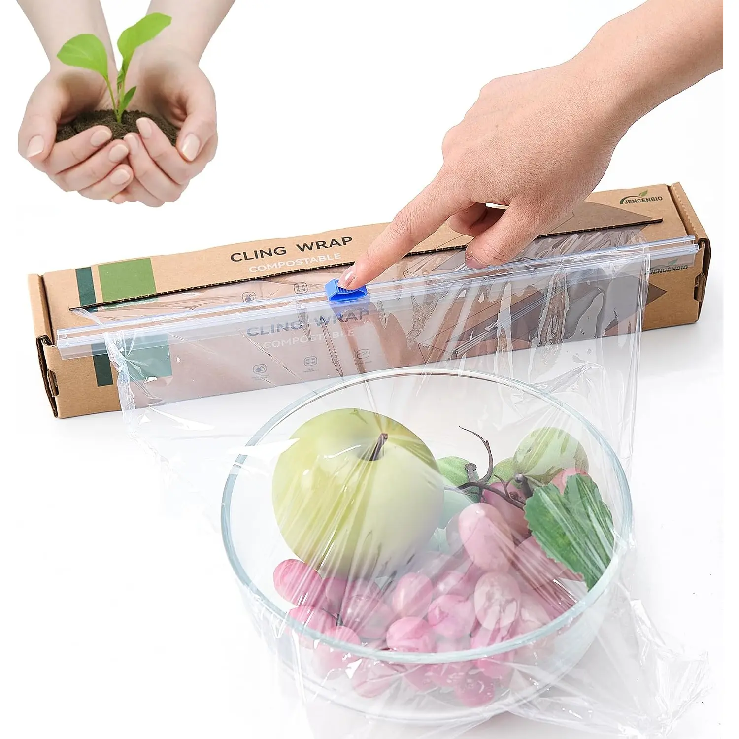 Cling Wrap Compostable Food Wrap Film with Slide  12" Wide 200 FT for Kitchen ASTM D6400 Certified Clear