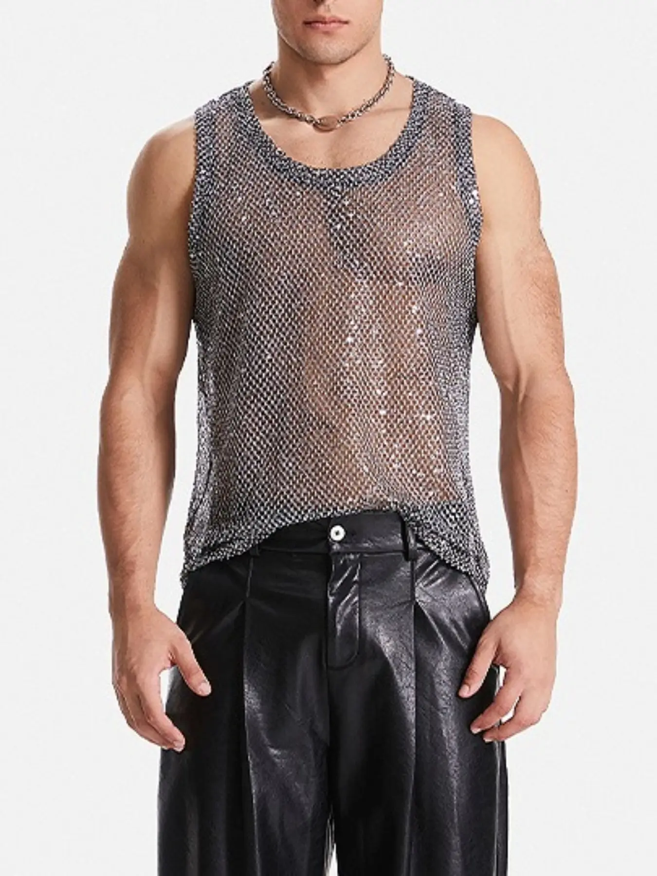 Nightclub Sexy Mens Tank Tops Mesh Sequin Glitter Hollow Out Transparent Vest Men Summer Fashionable Sleeveless Mesh Camisoles Sleeveless Tanks Menswear