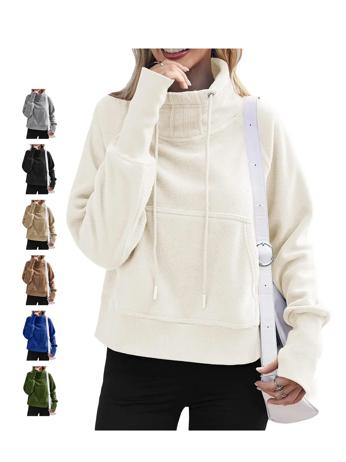 FISOEW Women's Sweatshirt, Chic Sherpa Fleece High Neck Pullover with Adjustable Drawstring, Pockets and Thumb Holes, Leggings, Style, Fabric, Everyday, Comfortable, Polyester, Pieces, Layering Outfits