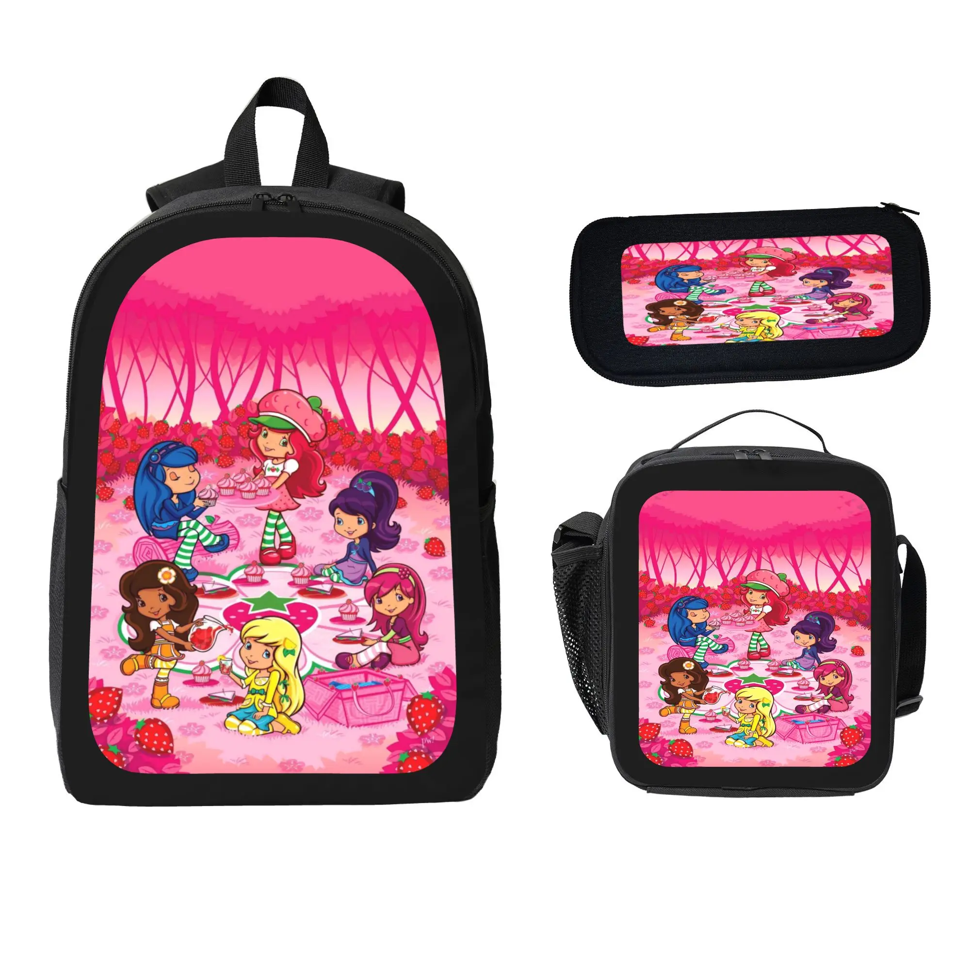 Cartoon strawberry 3pcs Backpack Bundle For Girls Lightweight, Suitable for School, Travel & Outings