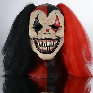 Halloween Clown Latex Mask - Red and Black Hair Clown Horror Mask with Realistic and Sharp Teeth Design, Halloween Role Playing Costume, Party Dress up Props
