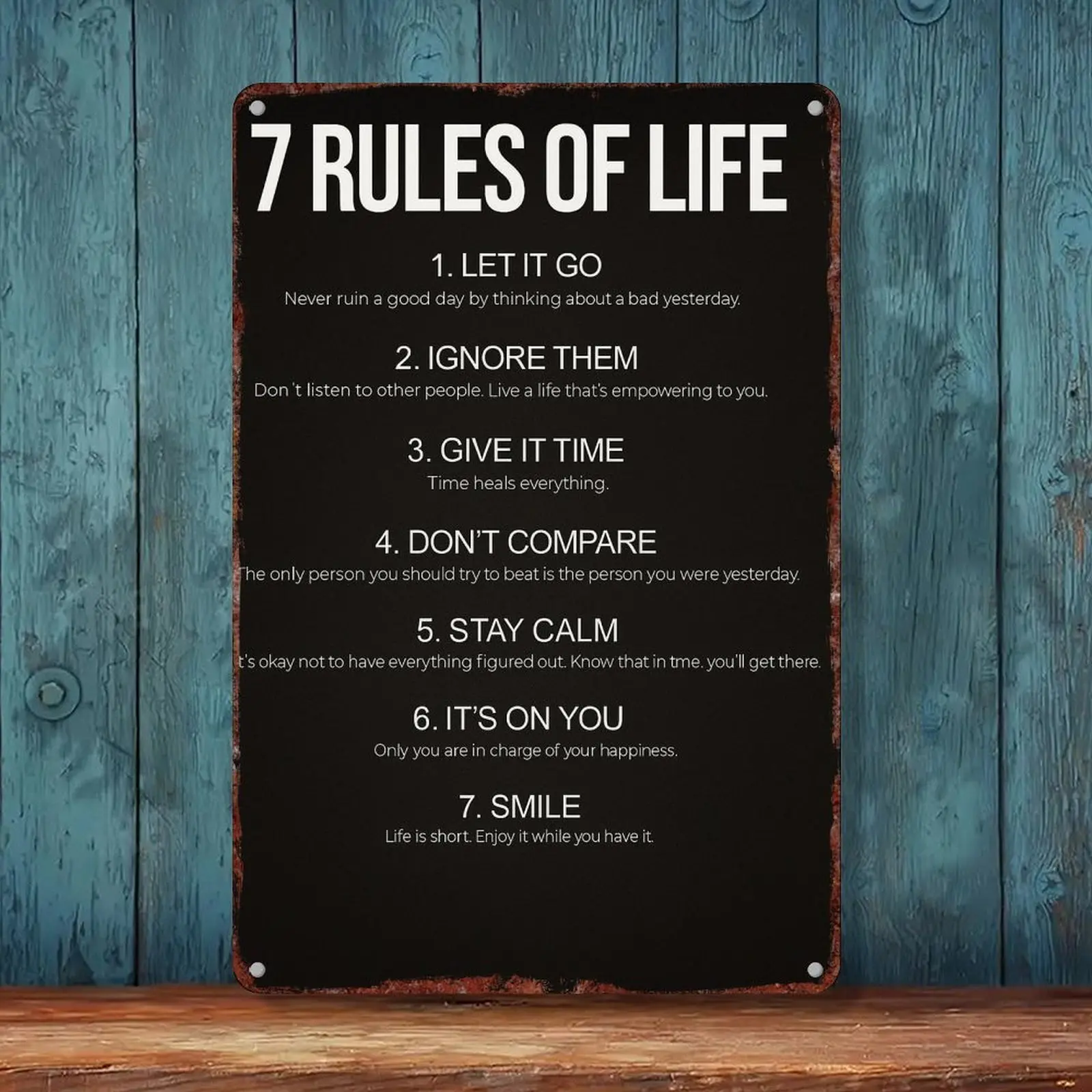 7 Rules of Life Motivational Aluminum Metal Sign - 8x12 in Stylish Aluminum-Based Modern Chic Home Decor Wall Art, Inspirational Plaque for Home Office, Stylish Home Signs, Aluminum-Based Home Signs