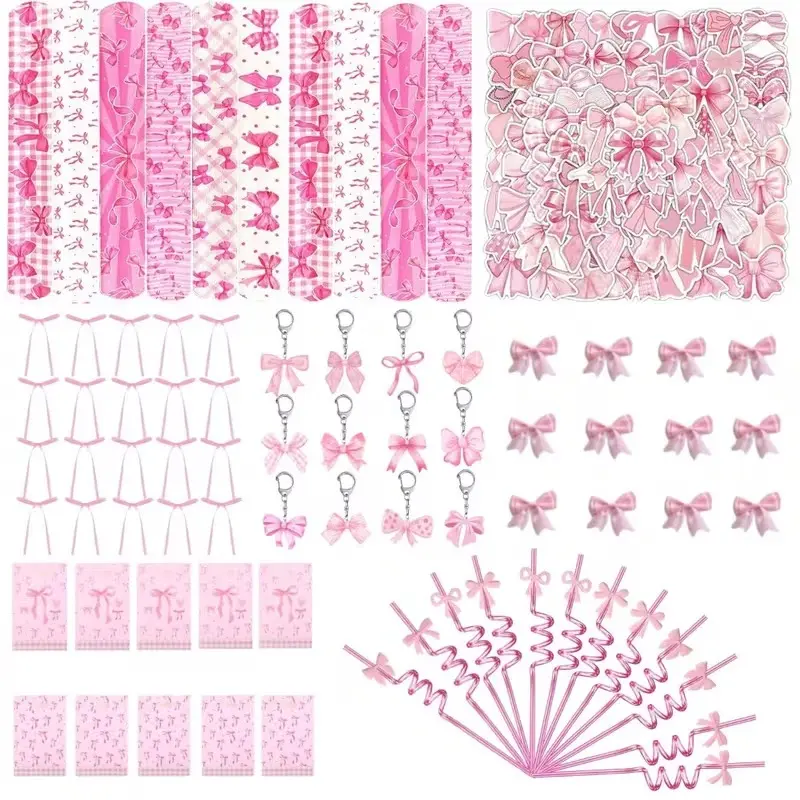 178Pcs Bow Party Favors, Pink Party Favors with Bowkont Stickers Keychains Slap Bracelets Gift Bags, Bow Coquette Birthday Decorations Supplies for Women