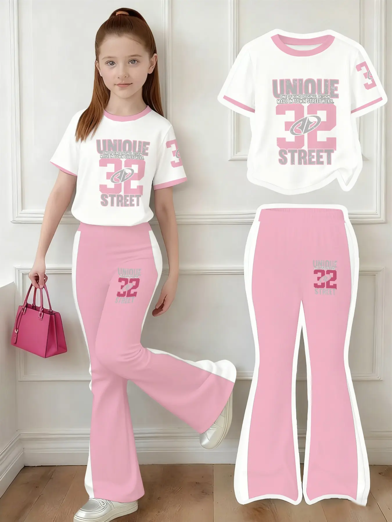 Vintage Sporty Style, Streetwear Pattern, Graphic Print Set, Lightweight Athletic Outfits, Teen Girl Casual Loose Round Neck Short Sleeve T-Shirt and Bell Pants Set, Fall Season, Casual Athletic Sportswear, Athleisure Set