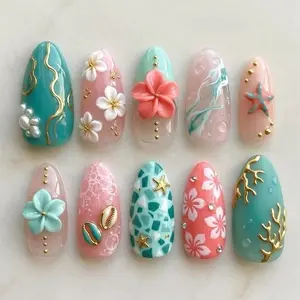 Pastel Ocean Press On Nails | Tropical Beach Nails with Flowers Starfish Shell Design | Summer Cute Nails Handmade Set Gift for Her Nail Art Kit Nail Box