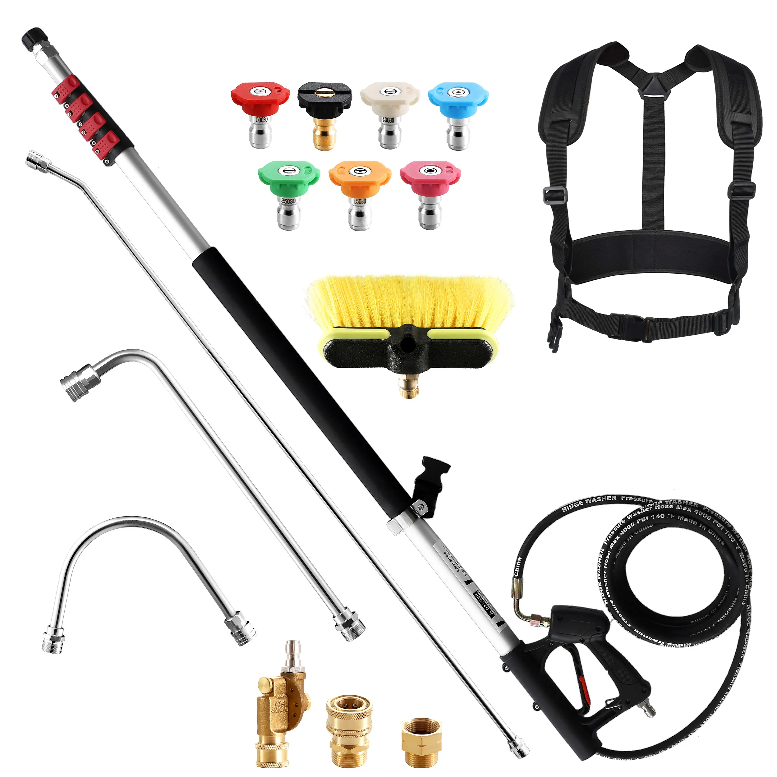 RIDGE WASHER 24 FT Telescoping Pressure Washer Wand with Brush, 3 Stainless Steel Curve Wands, Adjustable Belt, 4000 PSI Heavy Duty Gutter Cleaner