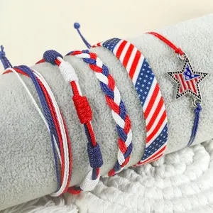 4th of July Patriotic Bracelets Set Red White and Blue Independence Day Braided Rope Bracelets Pack Memorial Day American Flag Star Charm Woven String Stackable Jewelry Gift for Women Men 5Pcs