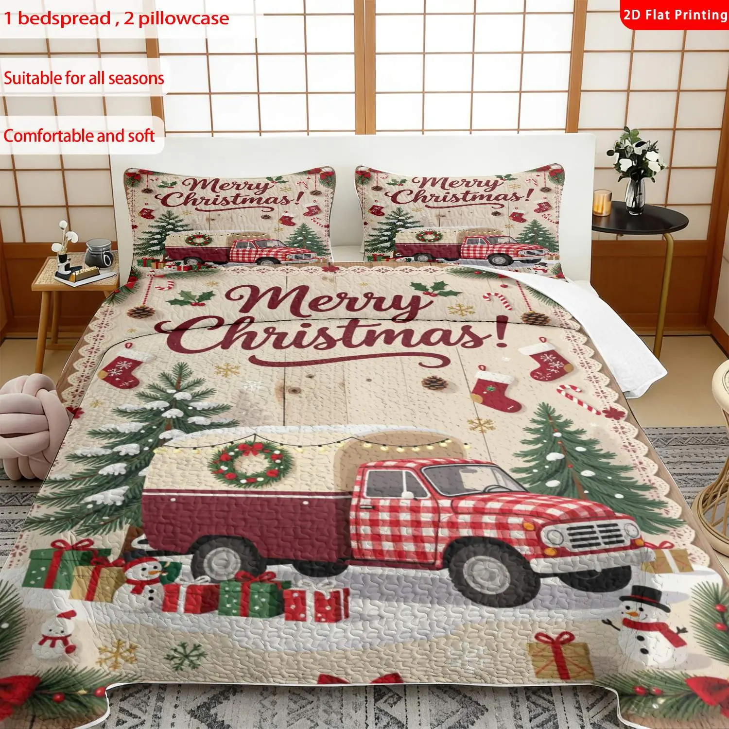 3pcs, 2D flat print Christmas Truck Pattern Bed Cover Set, Holiday Theme, Multiple Sizes Available, Bedding Set, Festive Decorative Bedding, Ideal for Bedroom Décor(1 bedspread , 2 pillowcase)