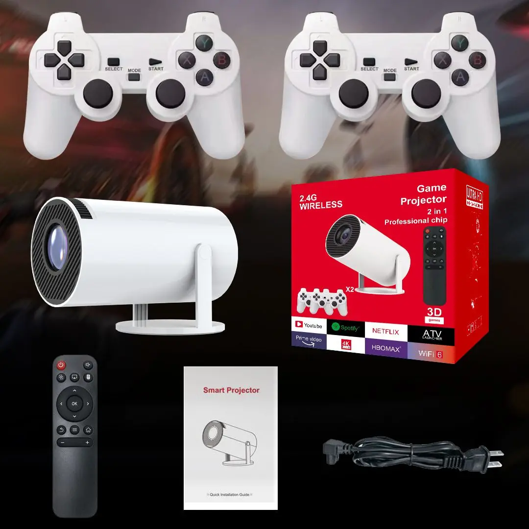 4K Game Projector with 2 Wireless Controllers, Portable Android 11.0 Smart Projector, 180° Rotatable, Auto Keystone, Outdoor Home Theater Support