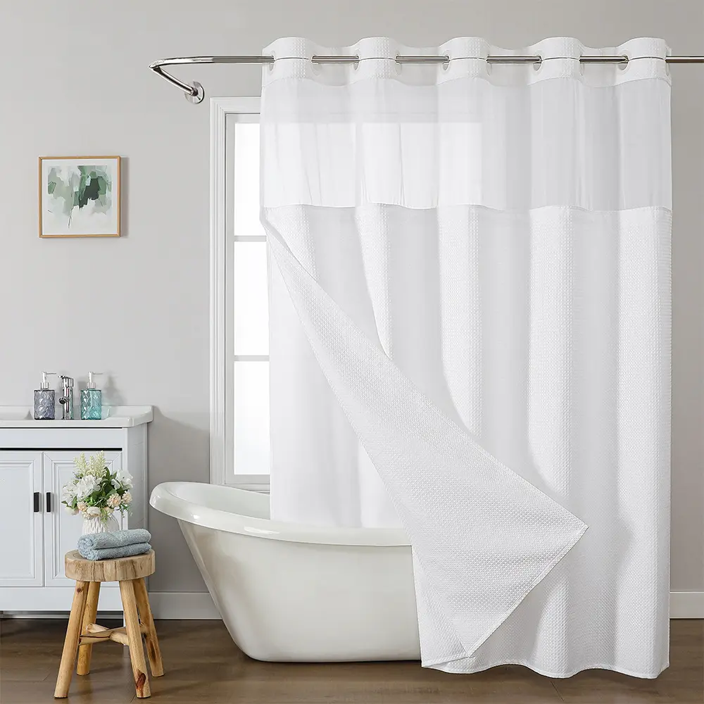 71x74 in Hook-Free 3-in-1 Modern Shower Curtain Set, Light Sheer Panel Window, Removable Snap-In Washable Waterproof Liner, Luxury Hotel-Style Waffle Weave Double-Layer, Magnetic Corners, Quick Install