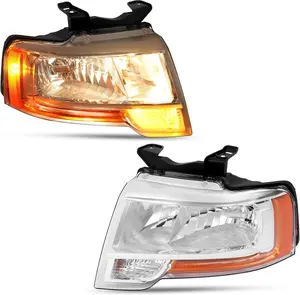 HECASA Pair Headlight Assembly w/LED Indicator Compatible with 2015 2016 2017 Ford Expedition Headlamp w/Bulbs Driver & Passenger Side Clear Lens Chrome Housing Replacement for FO2503346 FO2502346