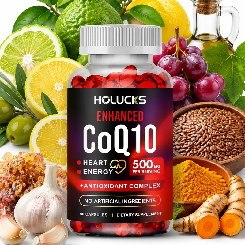 Enhanced CoQ10 500mg, with Citrus, Grape Seed, Turmeric, Amla Extract, Trans-Resveratrol, Garlic, Support Heart Health, Antioxidant, Energy Production, Coenzyme Q10 Dietary Supplement Capsules