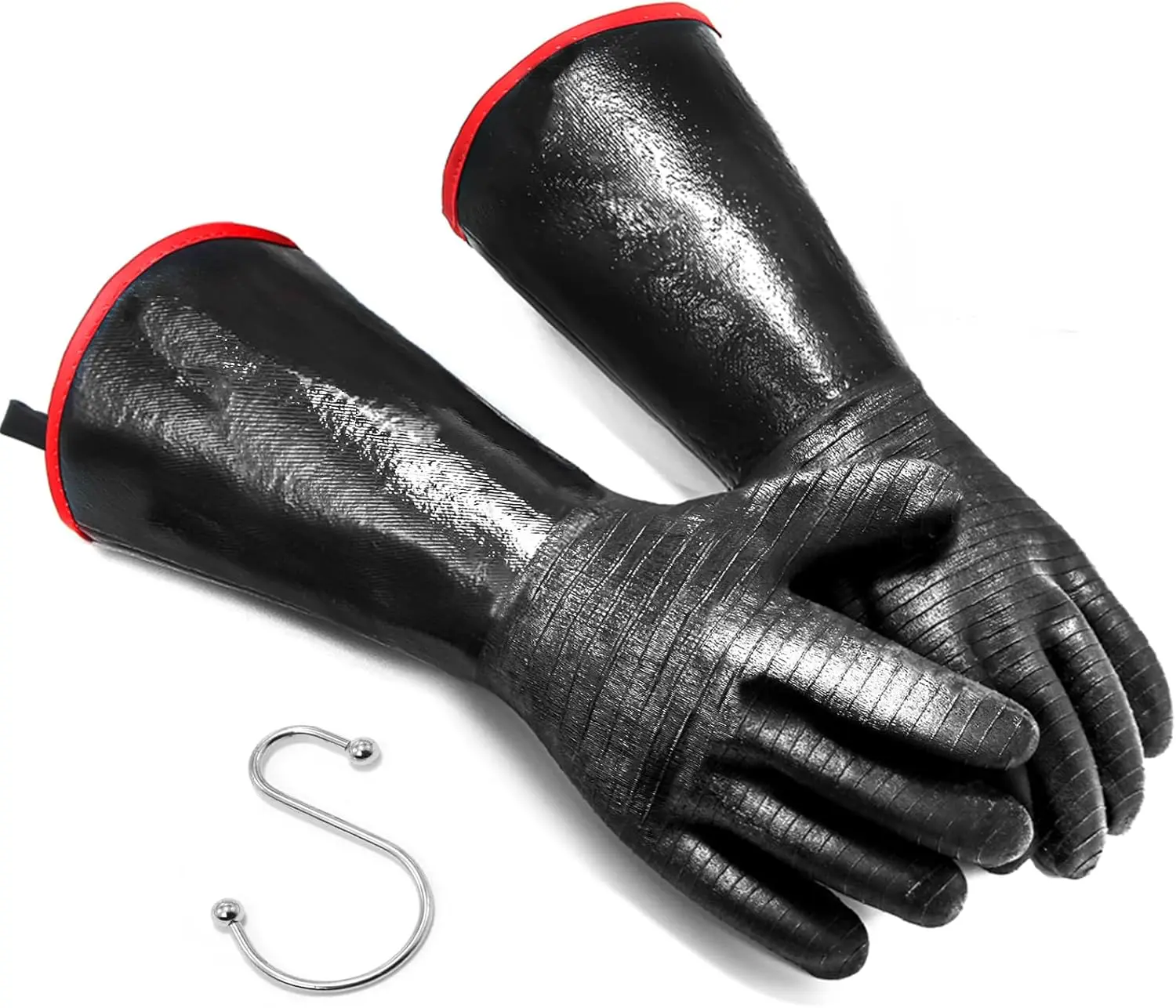 14-Inch Neoprene Coating Heatproof BBQ Gloves (1 Pair, Loose Fit) - Black with Red Stitching, Long-Sleeve Home Improvement Work Safety Gear, Machine Washable for Outdoor Cooking, Baking, Camping