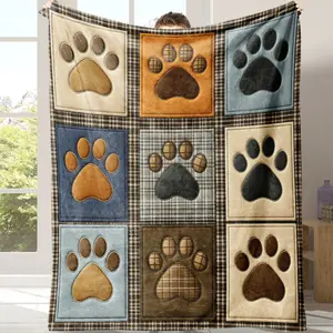 1pc Dog Paw Blanket Flannel Soft Warm Comfortable Sofa Bed Cover, Lightweight Travel Camping Living Room Office Chair Couch Throw Plaid Pattern Blanket Winter Blanket