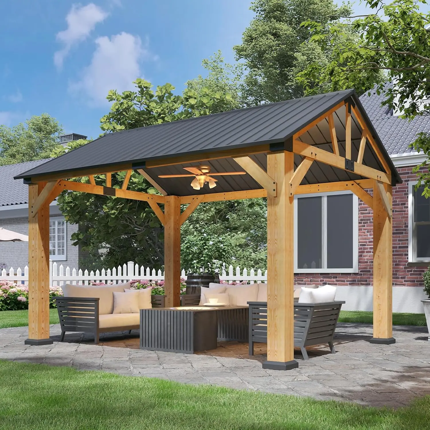 Jolydale 10×12ft Classic Outdoor Wood Gazebo - Sturdy, Stable, Eco-Friendly Hardtop Permanent Pavilion with Classic Gable Roof (2 Sloping Sides), Galvanized Steel Roof, Weather Resistant Shelter for Patio, Garden