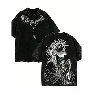 Men's washed christian graphic t-shirt (double-sided design: front "only god can judge me" script & rosary cross print; back bold jesus praying with crown of thorns art) - 100% cotton vintage washed black finish, summer streetwear menswear top,, Fabric, R