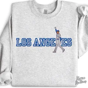 Los Angeles Baseball Sweatshirt - Gray Crew Neck Long Sleeve with "Los Angeles" Text and Player Design