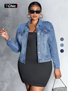 Women's Plus Size Vintage Denim Jacket Coats, Elastic Fabric, Button Design, Retro Style, Daily Wear, Everyday, Casual, Fashionable Jacket, All Seasons
