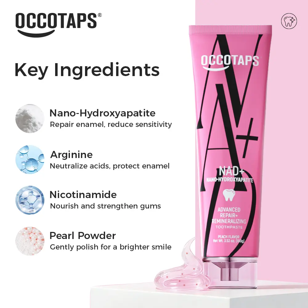 OCCOTAPS NAD+ Nano Hydroxyapatite Toothpaste | Peach Flavor | Gum Protection & Enamel Repair | Brighten Teeth | Fluoride-Free