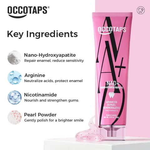 OCCOTAPS Nanoscale Hydroxyapatite NAD+ Youth Dental Care Toothpaste, Peach Flavor, Contains Neither Fluoride nor Alcohol, Advanced Whitening, Gum Protection, Enamel Repair, Anti-Cavity, Dental Care Toothpastes