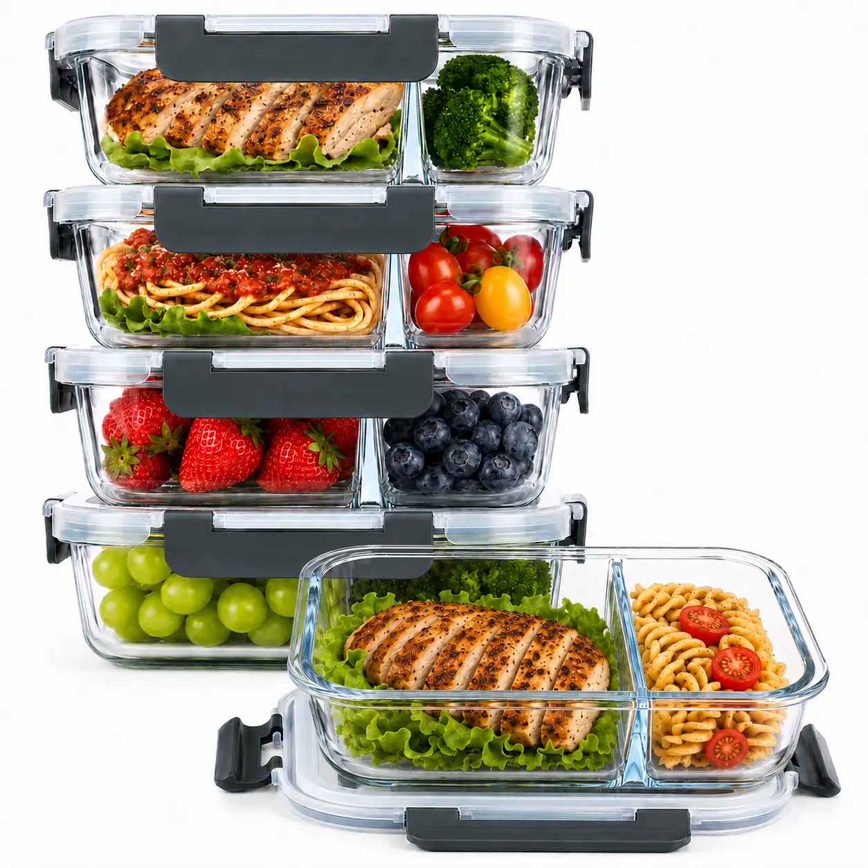 AISOON 5-Pack (36oz) Borosilicate Glass Meal Prep Containers with Airtight Lids, 3 Compartment Glass Lunch Containers, Food Prep Lunch Box, Bento Box, Microwave, Oven, Freezer & Dishwasher Safe, Leakproof, Food Storage, Meal Preps For The Week, Easy Meals