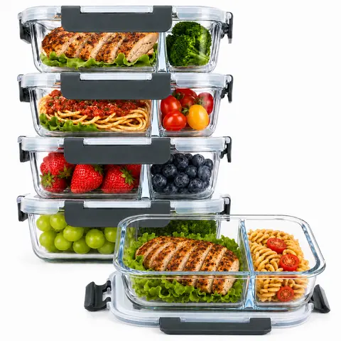AISOON 5-Pack 36oz Borosilicate Heat-Safe Glass Meal Prep Bento Boxes - 3-Compartment, Airtight Lock Lids, Leak-Proof Stackable, Freezer & Dishwasher Safe for Work, Meal Planning, Container Storage Solutions, Glass Containers Food Storage, Leftovers