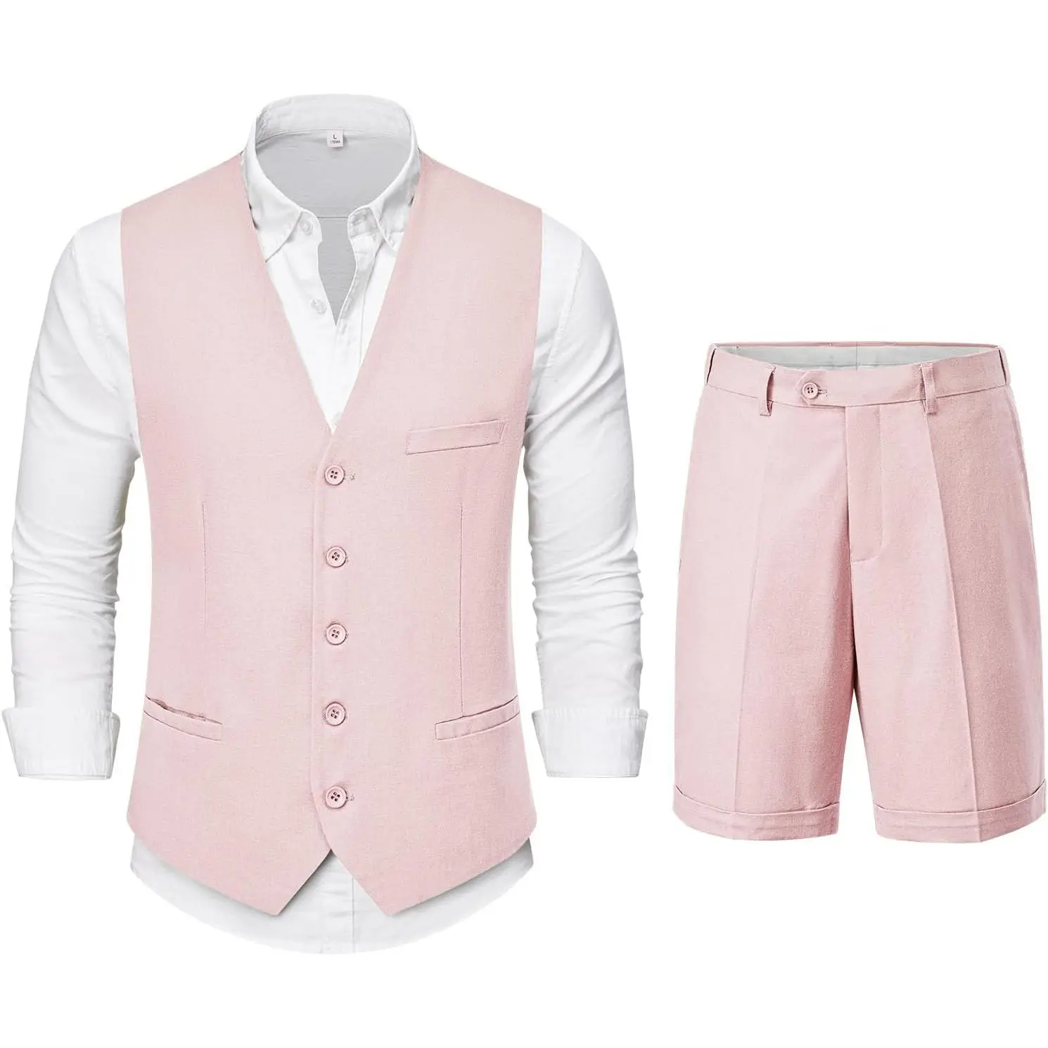 YND Men's 2-Piece Linen Waistcoat Shorts Set - Menswear, Sleeveless, Plain, Breathable, Pockets, Lightweight Vest Pants for Casual Wedding, Beach Events, Natural, Stylish