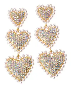 Iridescent Hearts & Pearls Glam Costume Earrings with Metal Coating - Sparkling, Playful Unisex Fashion Accessory for Parties, Daily Wear