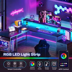 PRAISUN 66.1x47.2 inch L Shaped Computer Desk with Power Outlets and LED Lights, Home Office Desk with Fabric Drawers and Print Stand, Monitor Stand, Mesh CPU Stand