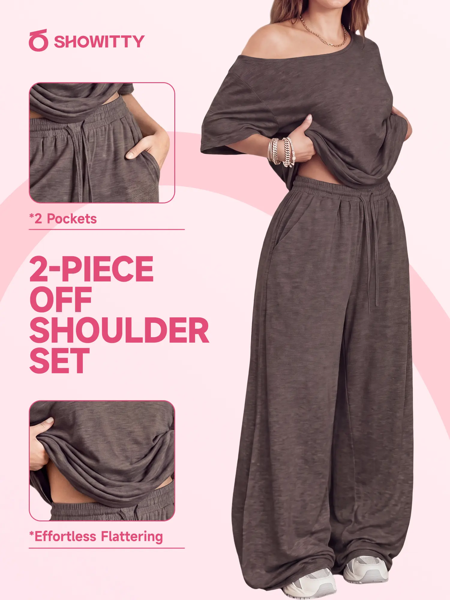 【Ready Together】Showitty Womens 2 Piece Outfit, One Shoulder Top Drawstring Wide Leg Pants with Pockets Streetwear Set
