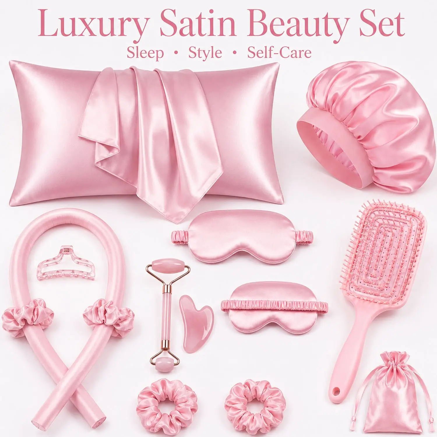 13PCS Satin Beauty Sleep Set for Women, Heatless Hair Curler Kit with Silk Pillowcase, Bonnet, Sleep Mask, Detangling Brush, Jade Roller & Scrunchies for Overnight Hair & Self Care Routine