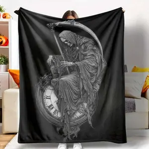 Grim Reaper Flannel Blanket, Death Time Clock Print, Lightweight, Super Soft, AntiPilling, Suitable for Halloween, Gothic Home Decor, Spooky Season Gift, Dark Fantasy Lovers, Living Room, Bedroom, Sofa, Couch, Travel, Camping, Outdoor Events.