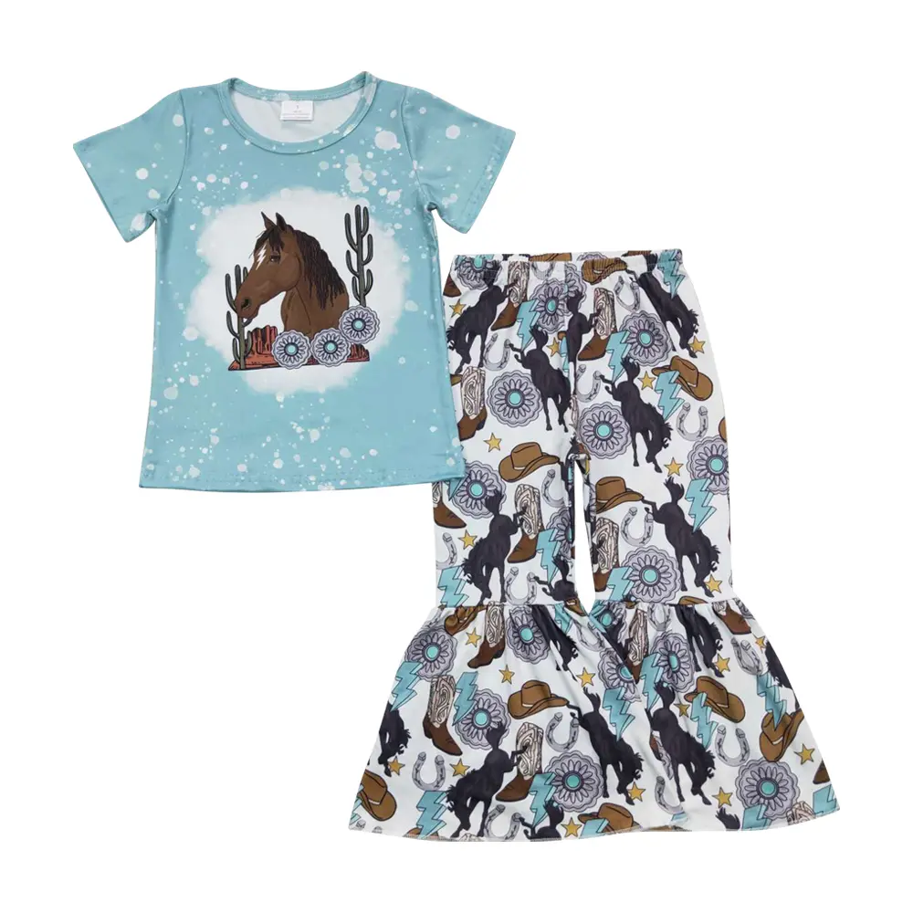 Toddler Girls' Western Outfit Set, 2-Piece Casual Short-Sleeve Cactus Graphic Shirt and Blue Printed Flared Pants, Outfits, Western Style, Cactus Print, Cowboy Theme, Clothes, All Seasons, Medium Stretch, Western Look