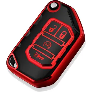 for Jeep Key Fob Cover Soft TPU Full Protection Key Shell Key Case Compatible with 2018-2025 Jeep Wrangler JL JLU Gladiator Flip 4 Button (Red)