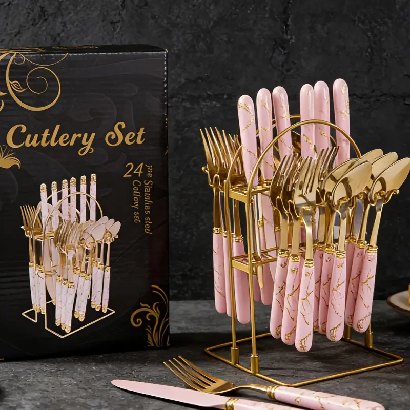 24 Piece Thickened Marble Pattern Stainless Steel Cutlery Set Utensils with Gift Box Storage Rack Western Steak Knife Fork Spoon for Kitchen Dining Cutlery Utensil Sets Forks Spoons and Knives Set