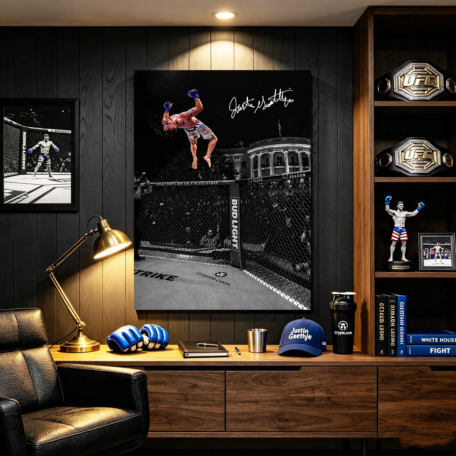 Justin Gaethje Backflip Canvas Poster, UFC White House Fight Octagon Wall Art, Black White MMA Fighter Signed Print, Boxing Decor for Gym Man Cave Gift for MMA Fans, Print Design, Artistic