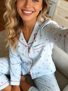 Spring Autumn Cool Style Sleepwear Set Loungewear, Blue Plaid Cherry Print Long Sleeve Pajamas, Breathable Skin-Friendly Home Wear