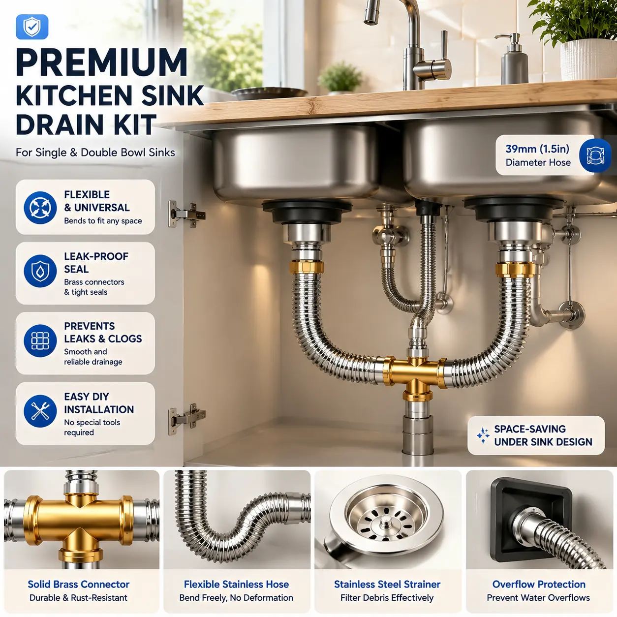 Upgrade Your Sink Drain System with Premium Stainless Steel Drain Kit, Double Sink Strainer, Flexible Waste Pipe & Leak-Proof Connection, Space-Saving Design for Kitchen, Bathroom and Laundry Room