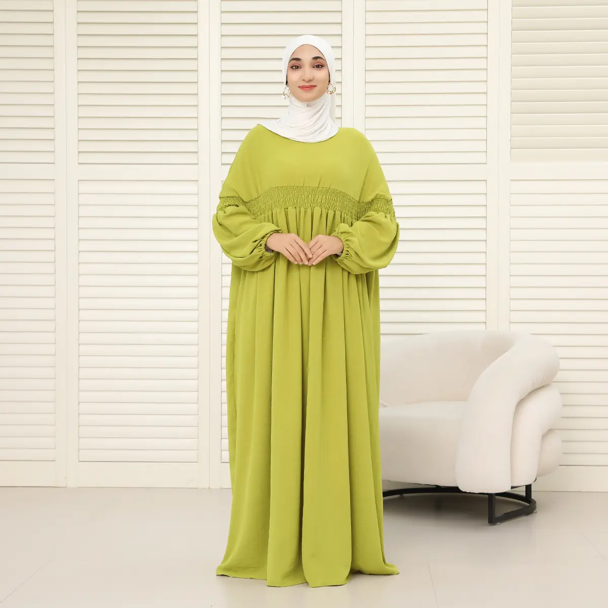 Women's CEY Oversized Modest Islamic Abaya NCA008 - Long Sleeve Balloon Sleeves, Lightweight, Pleated Chest, Full Length, Easy to Dress Up or Down, Hijabi Fashion Layer for Autumn Casual Daily Errands