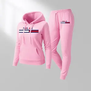 Women's MILANO Print Hoodie And Drawstring Track Pants Set, Casual Sportswear, Long-Sleeved Hooded Jacket And Pants, Suitable For Autumn And Winter, Everyday Wear, Indoor And Outdoor Sportswear, Sportswear Set, Casual Sportswear.