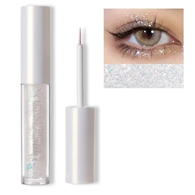 Liquid Glitter Eyeshadow Eyeliner, Korean Makeup Bling Under Eye Shadow, Shimmer Metallic, Lightweight Waterproof Long Wearing, Loose Glue for Sparkly Crystals Eye Makeup, Colorful Sequins