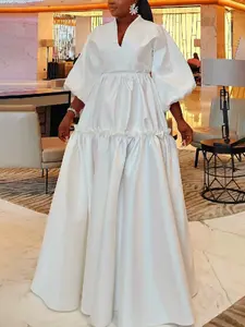 Women's Elegant High-Waisted Long Dress, Bubble Sleeve Ruffled Ruffle Hem, Plain Color V Neckline, Loose-Fit Woven Fabric, All Seasons Wear, Womenswear