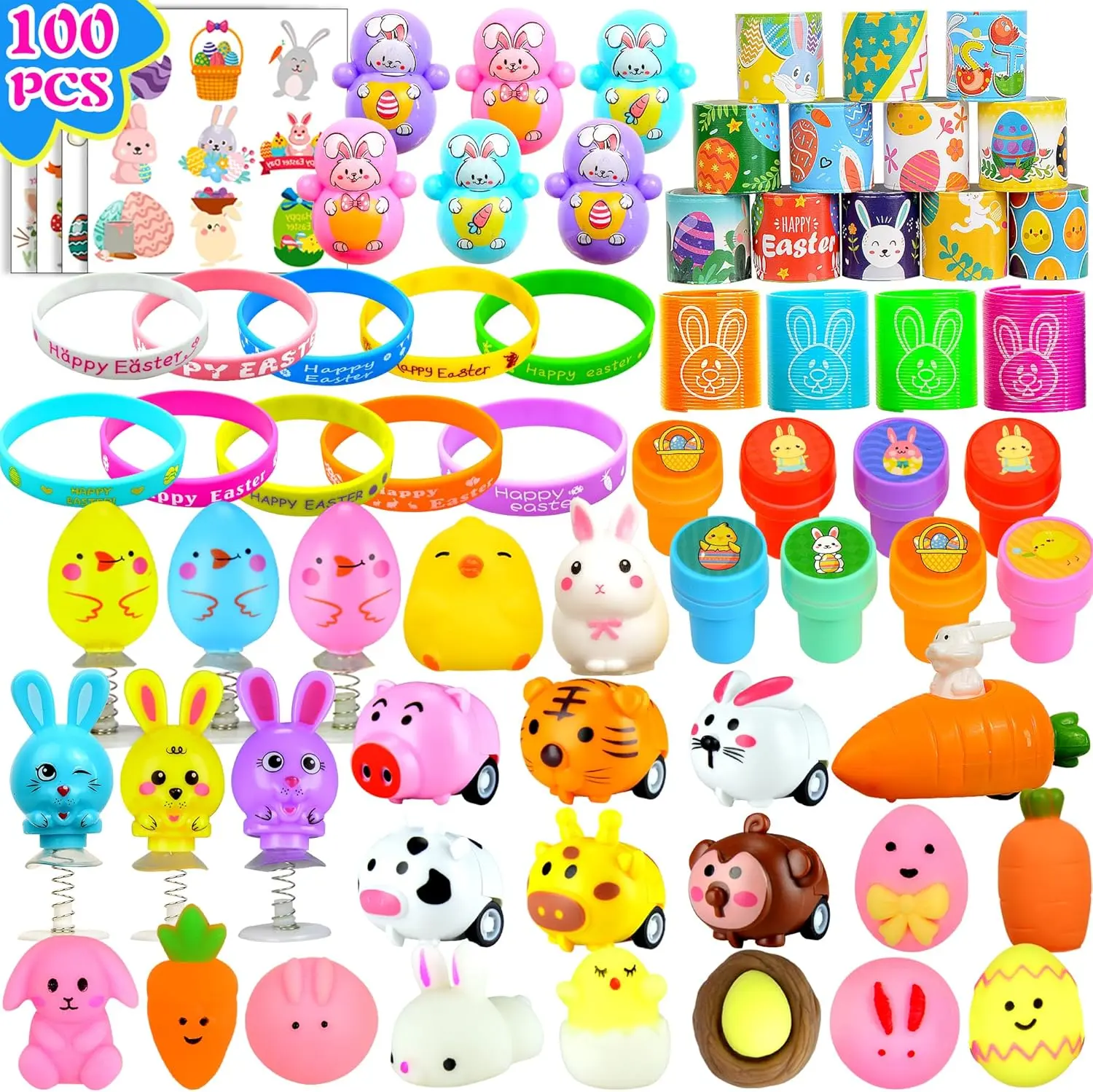 100 Pack Easter Egg Fillers, Easter Basket Stuffers for Kids Boys Girls, Easter Party Favors Assorted Toys, Easter Egg Hunt, Easter Gift Goodie Bags Stuffers Filling Treats Classroom Prize